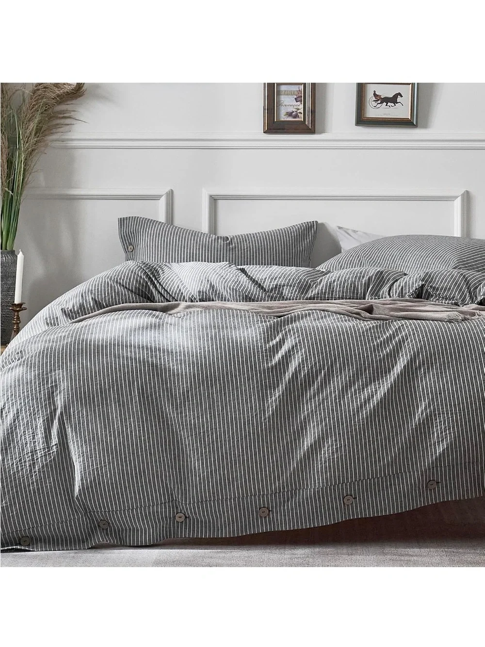 NEW JELLYMONI 100% Washed Cotton Duvet Cover - Black Vertical Pinstriped